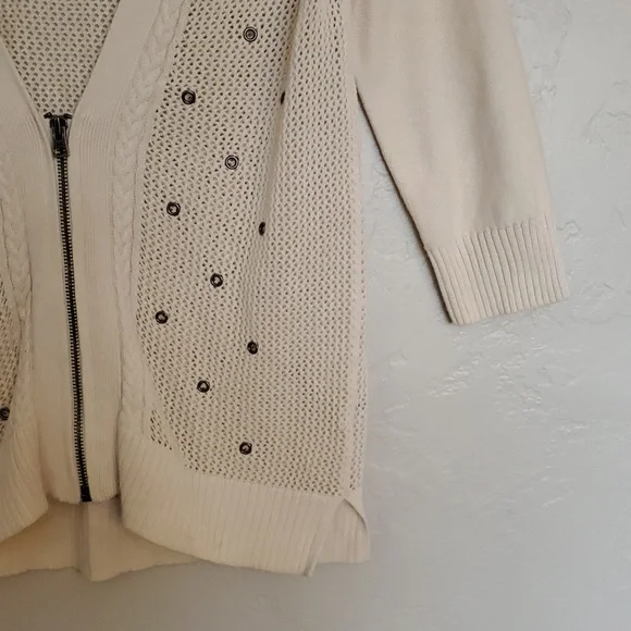 AMERICAN EAGLE CREAM Zip Up Open Knit CARDIGAN PLUNGE V NECK SWEATER Size MEDIUM - Picture 3 of 6